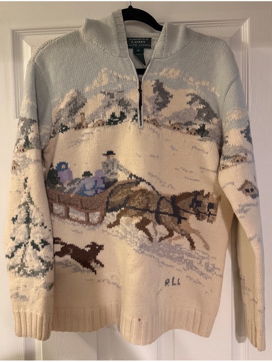 Lauren Ralph Lauren Tops - Lauren Ralph Lauren Hand Knit 100% Lambswool Winter Sleigh Scene Hooded Sweater